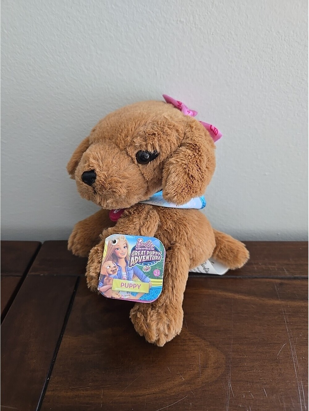 New Barbie Great Puppy Adventure Plush Brown Dog Pink Collar Bow Stuffed Toy 6”